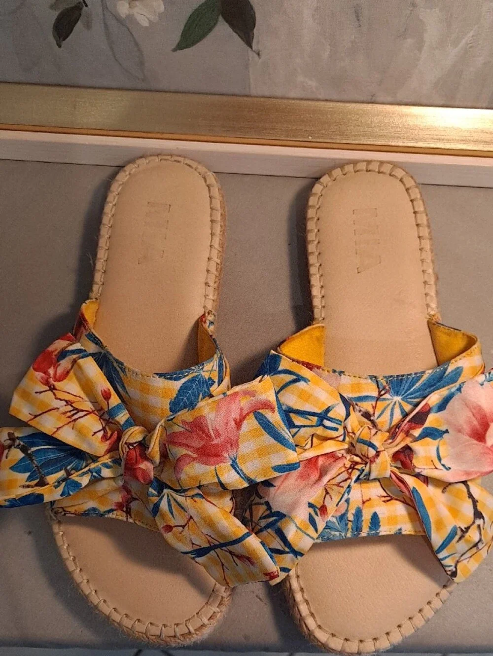 MIA Yellow Floral Bow Slide Espradille Sandals Blue Pink Tropical Jute Sole